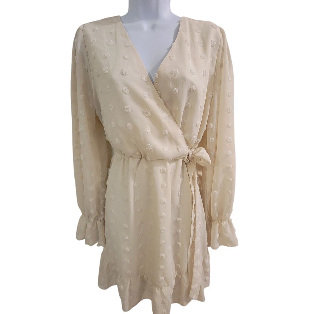 SHEIN Cream Swiss Dot Wrap Mini Dress L Ruffle Long Sleeve Boho